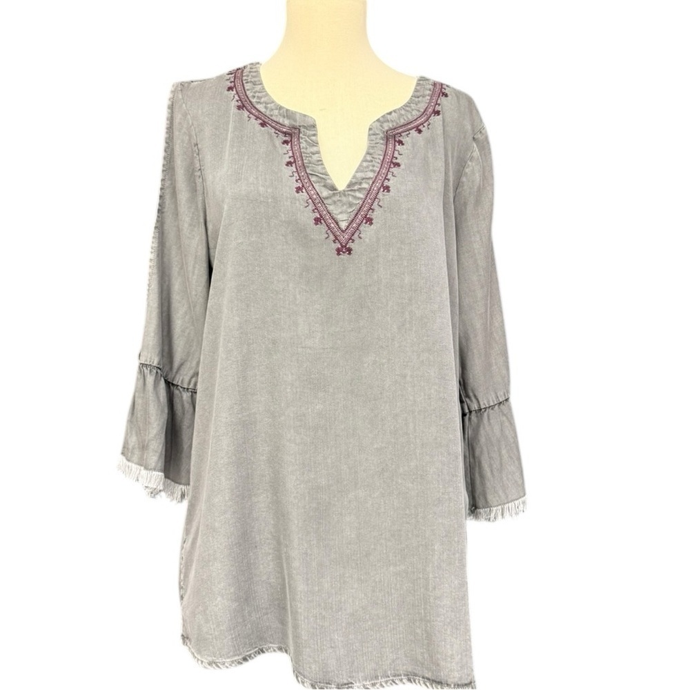Standard Grace Gray Lyocell Tunic Top, Medium Boho Bell Sleeve Grey Minimalist